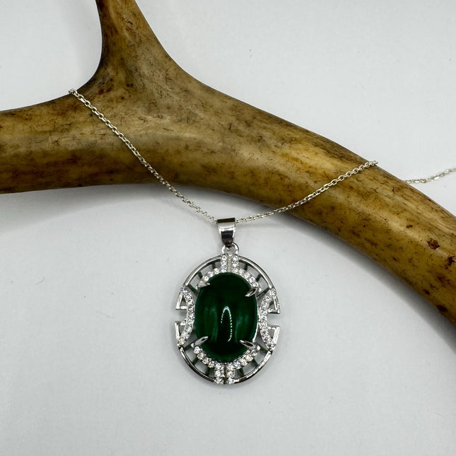 Vintage Green Jade white Gold GF Pendant Lucky Charm | 925 Sterling Silver chain Necklace