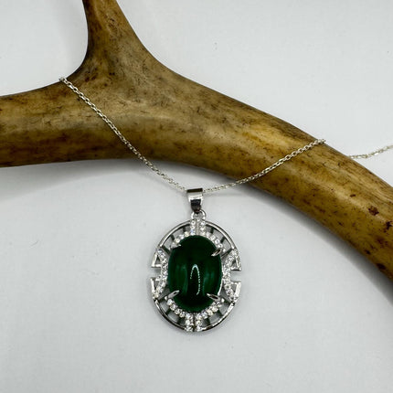 Vintage Green Jade white Gold GF Pendant Lucky Charm | 925 Sterling Silver chain Necklace