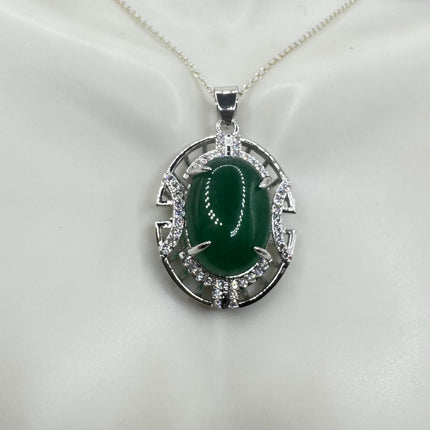 Vintage Green Jade white Gold GF Pendant Lucky Charm | 925 Sterling Silver chain Necklace