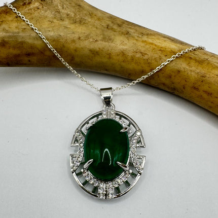 Vintage Green Jade white Gold GF Pendant Lucky Charm | 925 Sterling Silver chain Necklace