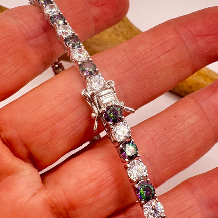 Vintage Silver Tennis Bracelet | Mystic Blue Topaz Crystal Diamond Cubic Zirconia 925 Sterling Silver