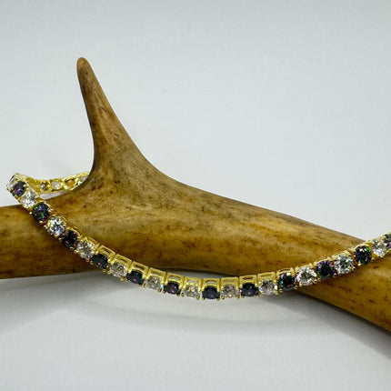Vintage Silver Tennis Bracelet | Mystic Blue Topaz Crystal Diamond Cubic Zirconia Gold 925 Sterling Silver