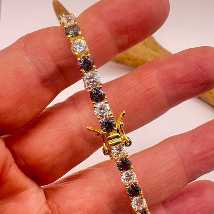 Vintage Silver Tennis Bracelet | Mystic Blue Topaz Crystal Diamond Cubic Zirconia Gold 925 Sterling Silver