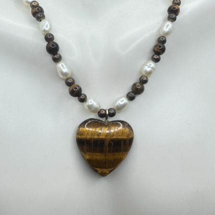 Vintage Beaded Charm Necklace | Tigers Eye Gemstone Heart Dainty Necklace | Minimalist beads
