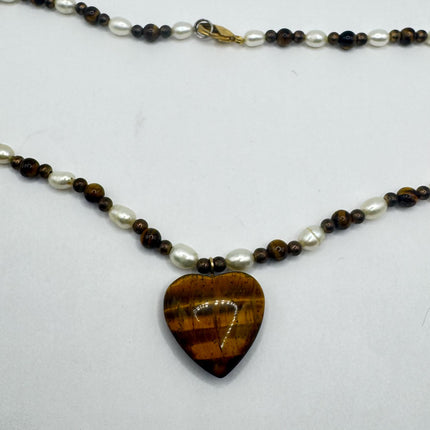 Vintage Beaded Charm Necklace | Tigers Eye Gemstone Heart Dainty Necklace | Minimalist beads