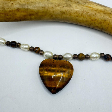 Vintage Beaded Charm Necklace | Tigers Eye Gemstone Heart Dainty Necklace | Minimalist beads