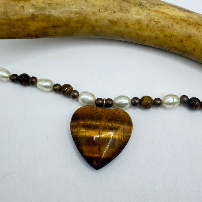Vintage Beaded Charm Necklace | Tigers Eye Gemstone Heart Dainty Necklace | Minimalist beads