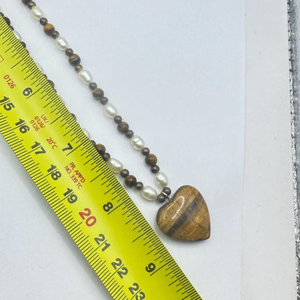 Vintage Beaded Charm Necklace | Tigers Eye Gemstone Heart Dainty Necklace | Minimalist beads
