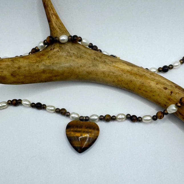 Vintage Beaded Charm Necklace | Tigers Eye Gemstone Heart Dainty Necklace | Minimalist beads