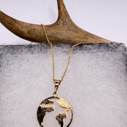 Vintage Globe Earth Pendant Necklace | 9k Gold Filled Star Statement Charm Necklace
