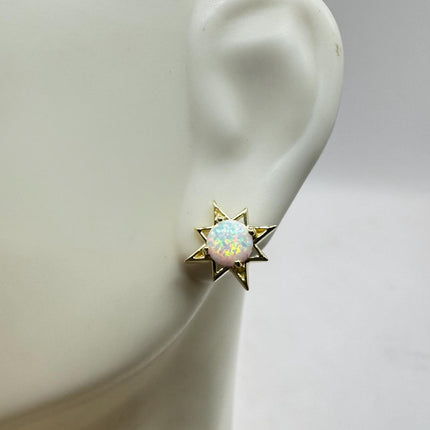 Vintage Opal Star Stud Earrings | Blue Fire Opal Gemstone | Gold 925 Sterling Silver Dainty Stud Button Earrings