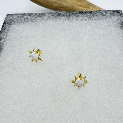 Vintage Opal Star Stud Earrings | Blue Fire Opal Gemstone | Gold 925 Sterling Silver Dainty Stud Button Earrings