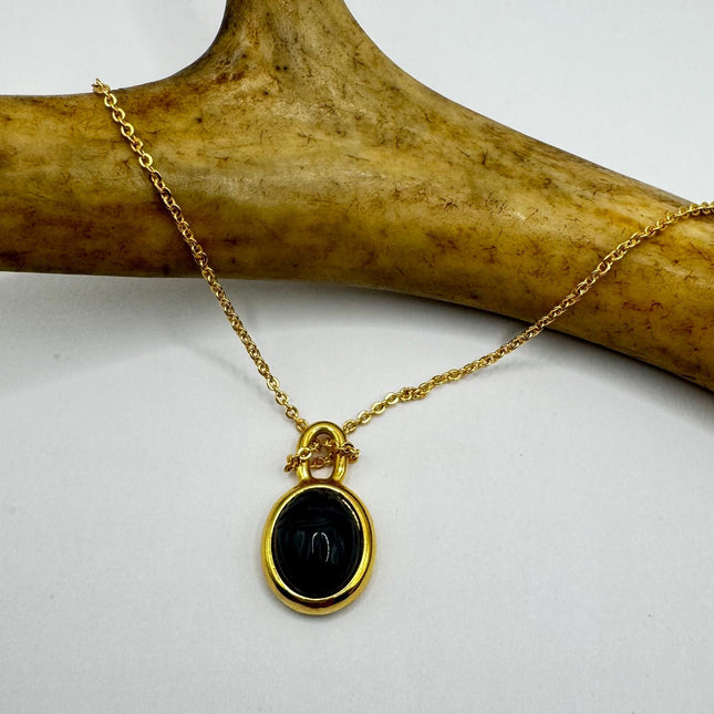 Vintage Black Onyx Scarab Necklace - 12k Gold Filled Minimalist Stacking Chain