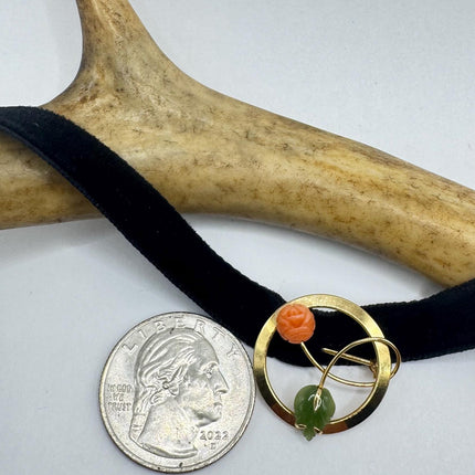 Vintage Green Jade and Pink Coral Butterfly Brooch Pin - Gold Filled with Velvet Choker - Small Lucky Jade Design