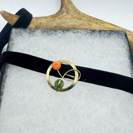 Vintage Green Jade and Pink Coral Butterfly Brooch Pin - Gold Filled with Velvet Choker - Small Lucky Jade Design