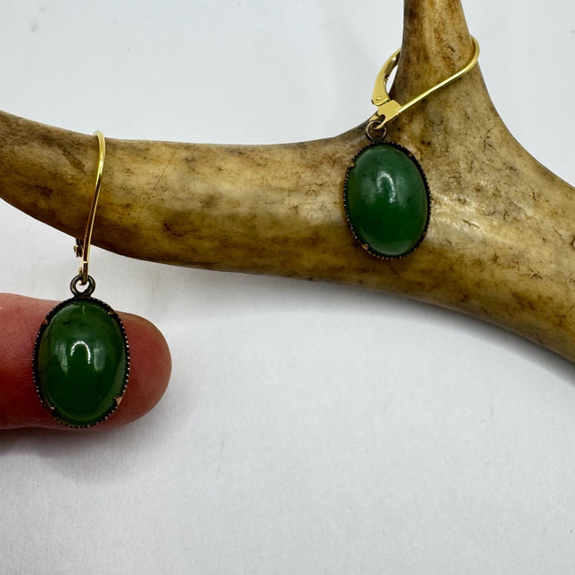 Vintage Green Jade Gold Tiny Dangle Earrings | Green Jade Crystal Birthstone | 12k Gold Filled Button Earrings