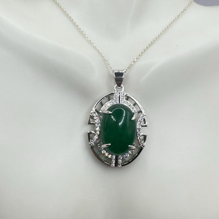 Vintage Green Jade white Gold GF Pendant Lucky Charm | 925 Sterling Silver chain Necklace