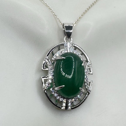Vintage Green Jade white Gold GF Pendant Lucky Charm | 925 Sterling Silver chain Necklace