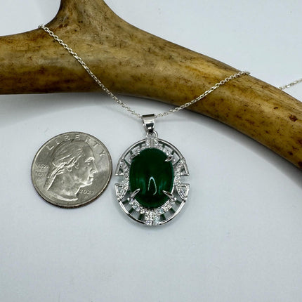 Vintage Green Jade white Gold GF Pendant Lucky Charm | 925 Sterling Silver chain Necklace