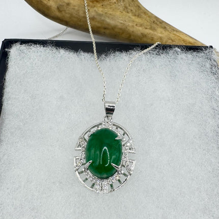 Vintage Green Jade white Gold GF Pendant Lucky Charm | 925 Sterling Silver chain Necklace