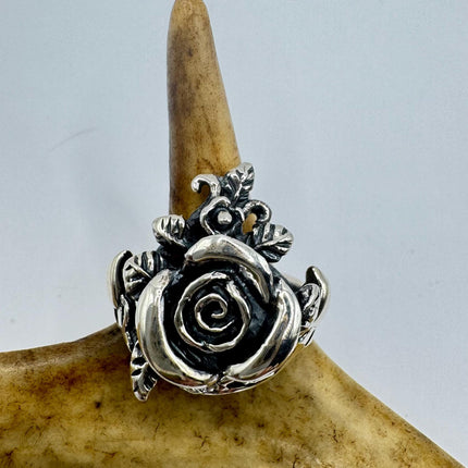 Vintage Silver Rose Ring | Boho Statement Ring 925 Sterling Silver Band