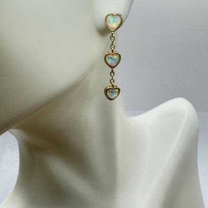 Vintage Gold Earrings | Tiny White Fire Opal Gemstone Heart | Golden 925 Sterling Silver Stud Button Earrings | Minimalist Everyday Jewelry