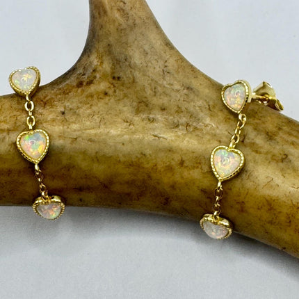 Vintage Gold Earrings | Tiny White Fire Opal Gemstone Heart | Golden 925 Sterling Silver Stud Button Earrings | Minimalist Everyday Jewelry