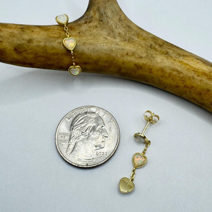 Vintage Gold Earrings | Tiny White Fire Opal Gemstone Heart | Golden 925 Sterling Silver Stud Button Earrings | Minimalist Everyday Jewelry