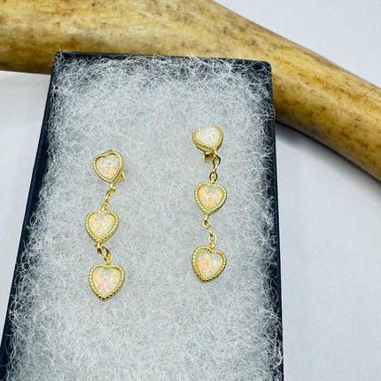 Vintage Gold Earrings | Tiny White Fire Opal Gemstone Heart | Golden 925 Sterling Silver Stud Button Earrings | Minimalist Everyday Jewelry