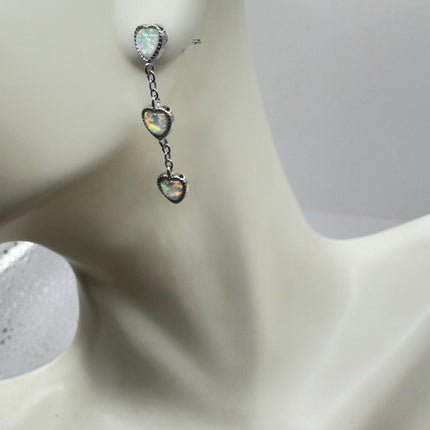Vintage Opal Earrings | Tiny White Fire Opal Gemstone Heart | Golden 925 Sterling Silver Stud Button Earrings | Minimalist Everyday Jewelry