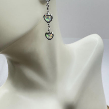 Vintage Opal Earrings | Tiny White Fire Opal Gemstone Heart | Golden 925 Sterling Silver Stud Button Earrings | Minimalist Everyday Jewelry