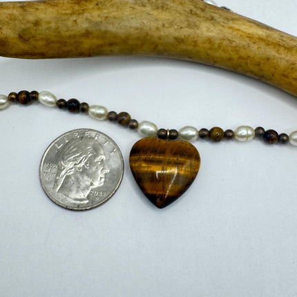 Vintage Beaded Charm Necklace | Tigers Eye Gemstone Heart Dainty Necklace | Minimalist beads