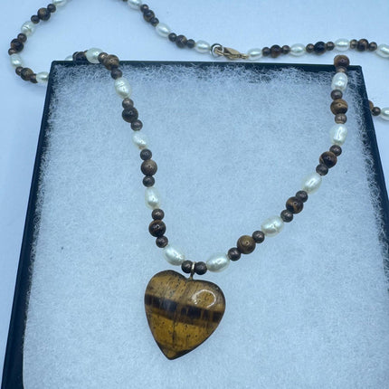 Vintage Beaded Charm Necklace | Tigers Eye Gemstone Heart Dainty Necklace | Minimalist beads