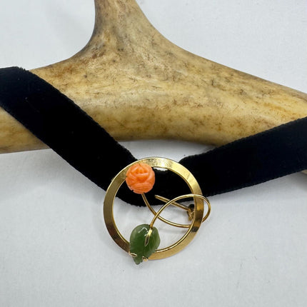 Vintage Green Jade and Pink Coral Butterfly Brooch Pin - Gold Filled with Velvet Choker - Small Lucky Jade Design