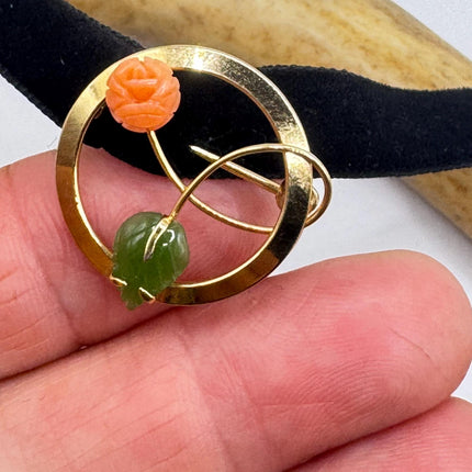 Vintage Green Jade and Pink Coral Butterfly Brooch Pin - Gold Filled with Velvet Choker - Small Lucky Jade Design