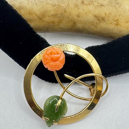 Vintage Green Jade and Pink Coral Butterfly Brooch Pin - Gold Filled with Velvet Choker - Small Lucky Jade Design