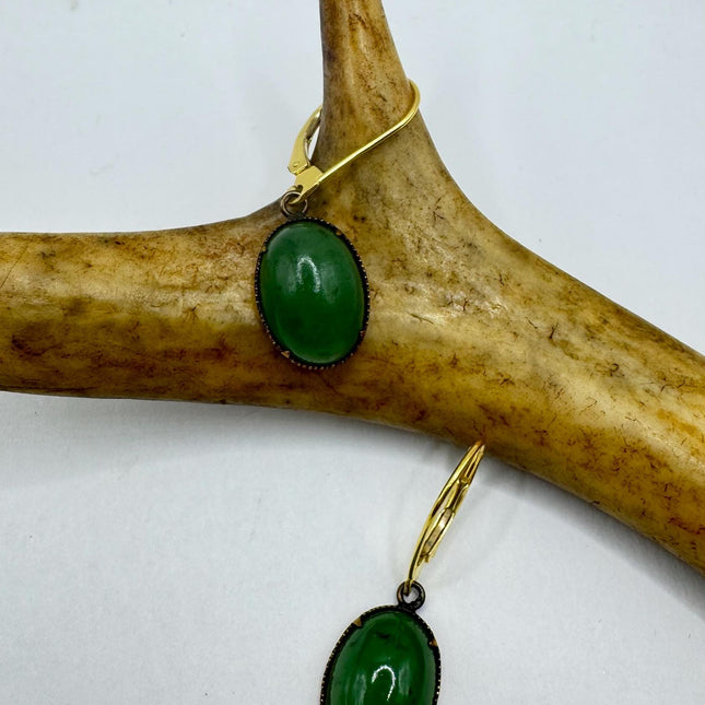 Vintage Green Jade Gold Tiny Dangle Earrings | Green Jade Crystal Birthstone | 12k Gold Filled Button Earrings