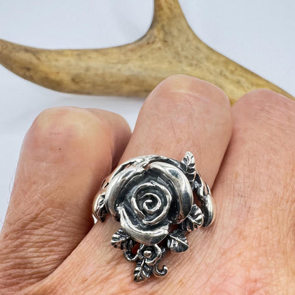 Vintage Silver Rose Ring | Boho Statement Ring 925 Sterling Silver Band