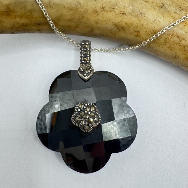 Vintage Black jet Marcasite Choker Necklace - 925 Sterling Silver Gemstone Pendant Necklace