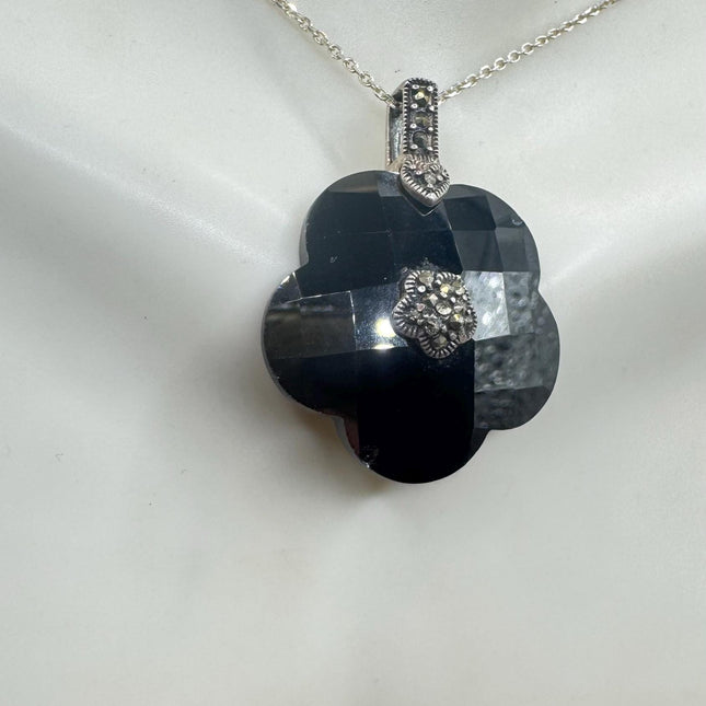 Vintage Black jet Marcasite Choker Necklace - 925 Sterling Silver Gemstone Pendant Necklace