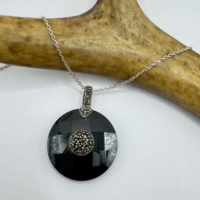 Vintage Black jet Marcasite Choker Necklace - 925 Sterling Silver Gemstone Pendant Necklace