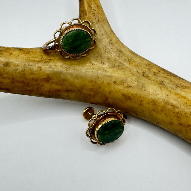 Vintage Green Nephrite Jade Clip-On Earrings 12k Gold Filled Delicate Screw Back Design