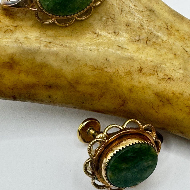 Vintage Green Nephrite Jade Clip-On Earrings 12k Gold Filled Delicate Screw Back Design