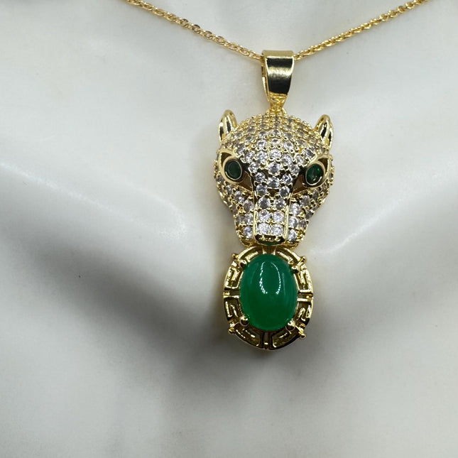 Vintage Green Jade Gold 9k GF Cougar Cat Pendant | Lucky Charm | Gold filled chain Necklace