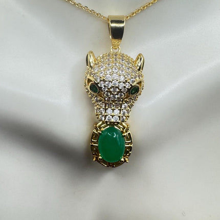 Vintage Green Jade Gold 9k GF Cougar Cat Pendant | Lucky Charm | Gold filled chain Necklace
