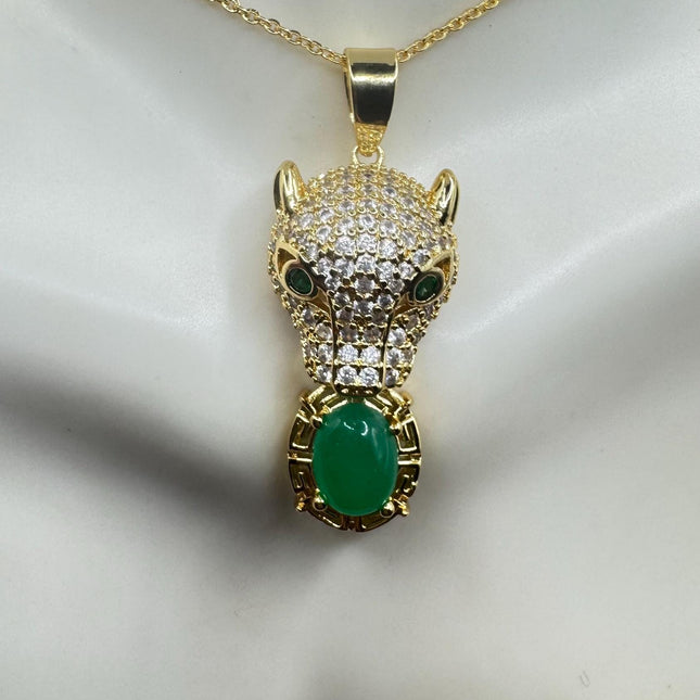 Vintage Green Jade Gold 9k GF Cougar Cat Pendant | Lucky Charm | Gold filled chain Necklace