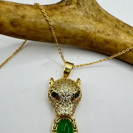Vintage Green Jade Gold 9k GF Cougar Cat Pendant | Lucky Charm | Gold filled chain Necklace