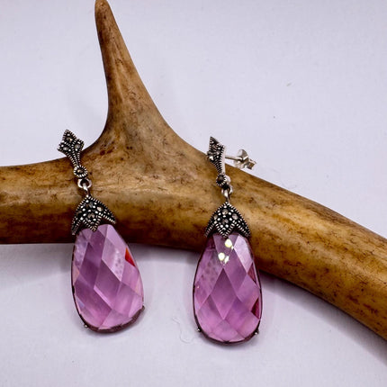 Vintage Pink Rose Crystal Chandelier Drop Gemstone Gold 925 Sterling Silver Chandelier Earrings