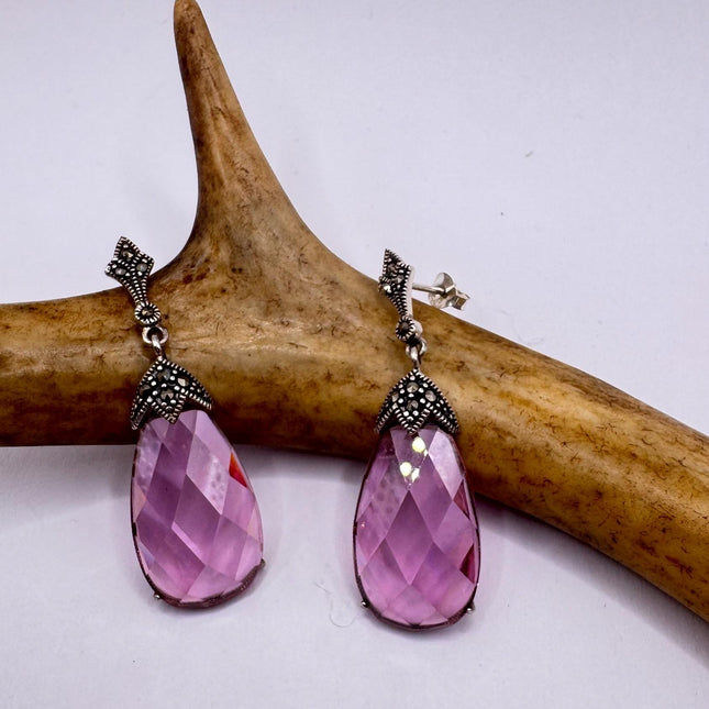 Vintage Pink Rose Crystal Chandelier Drop Gemstone Gold 925 Sterling Silver Chandelier Earrings