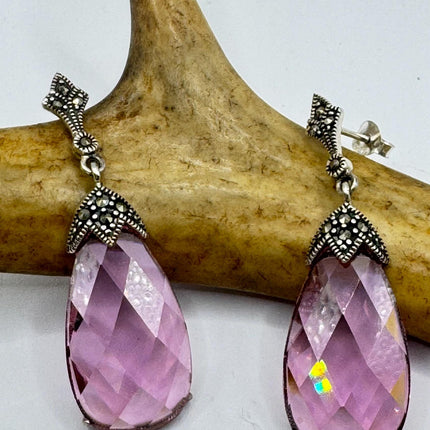 Vintage Pink Rose Crystal Chandelier Drop Gemstone Gold 925 Sterling Silver Chandelier Earrings